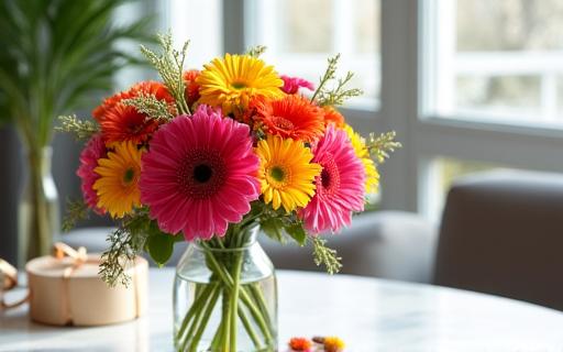 Un mazzo di fiori freschi su un tavolo, parte di un servizio in abbonamento.