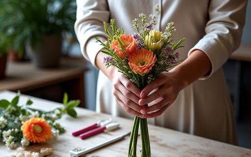 Una compositrice floreale mentre crea un bouquet personalizzato.