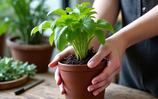Mani esperte che si prendono cura di una pianta in vaso.