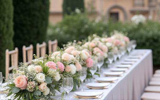 Allestimento floreale per un tavolo di matrimonio in una villa toscana.